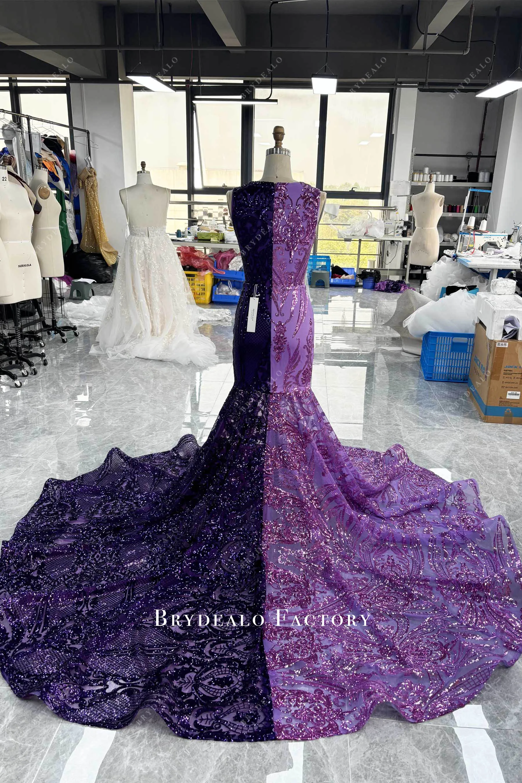 Dramatic Two-Tone Purple Sequin Prom Dress