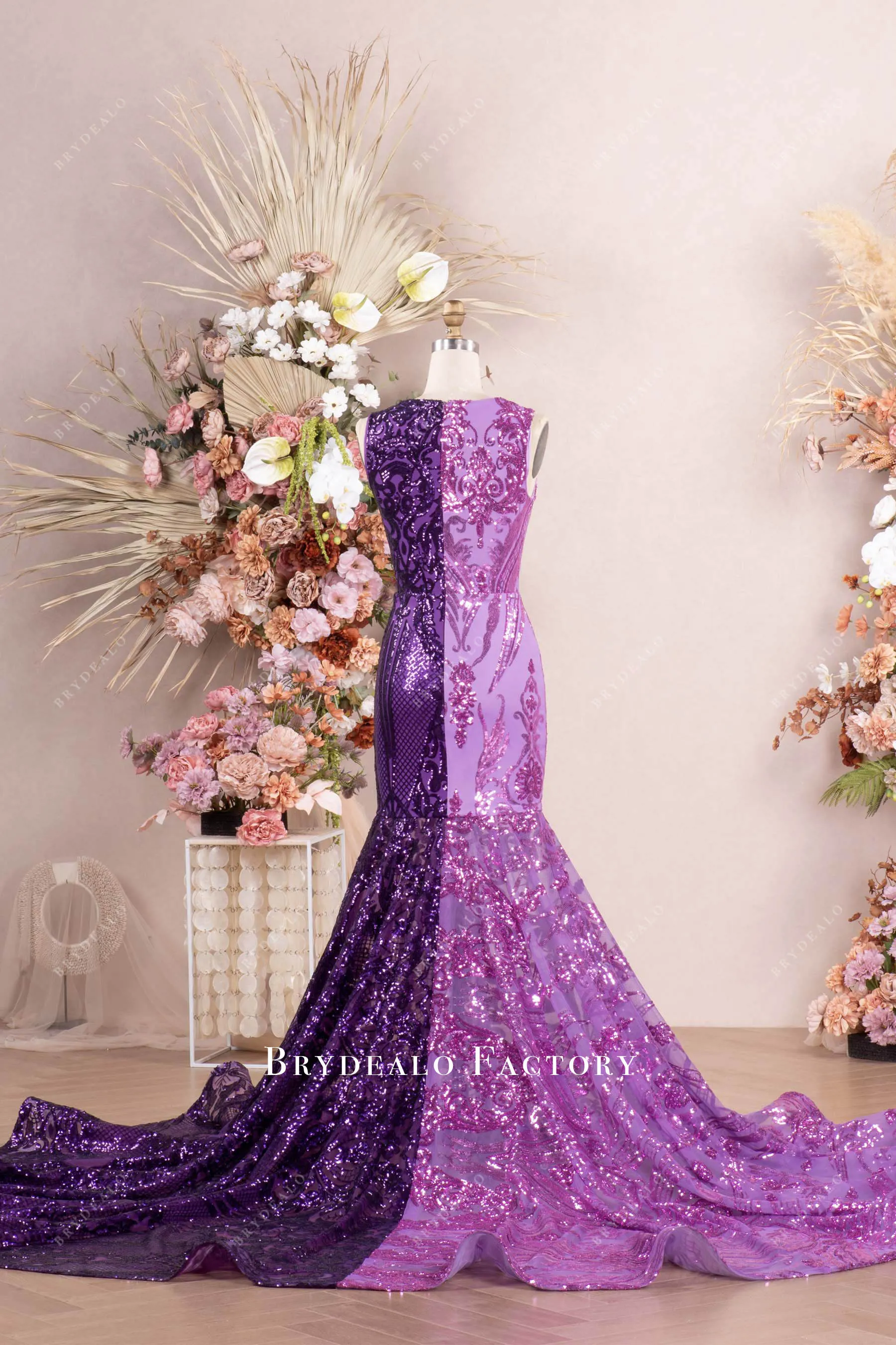 Dramatic Two-Tone Purple Sequin Prom Dress