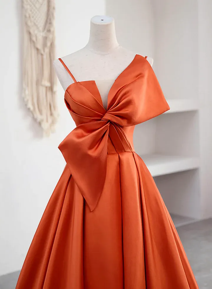 Elegant Spaghetti Straps Orange Satin Long Formal Prom Dress  SH563