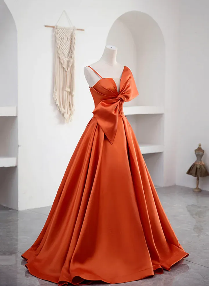 Elegant Spaghetti Straps Orange Satin Long Formal Prom Dress  SH563