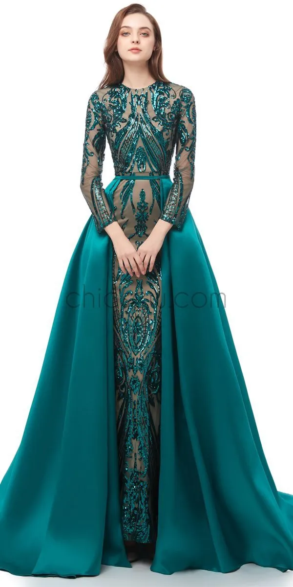 Elegant Sparkly Lace Long Sleeve Prom Dress with Detachable Satin Skirt, YKX044