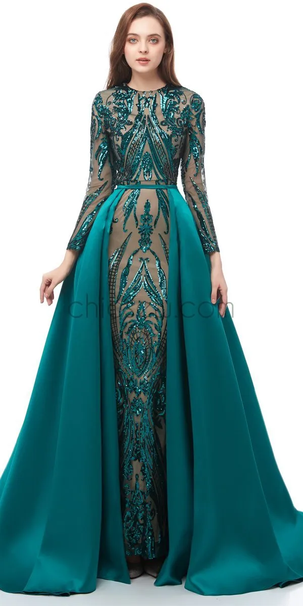 Elegant Sparkly Lace Long Sleeve Prom Dress with Detachable Satin Skirt, YKX044