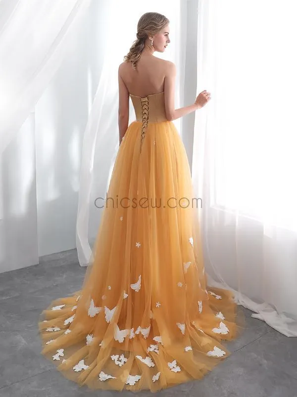 Elegant Strapless Pastel Orange Tulle A Line Long Evening Prom Dresses, XDM1140