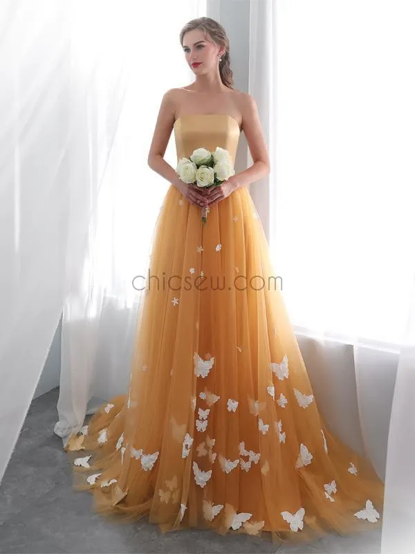 Elegant Strapless Pastel Orange Tulle A Line Long Evening Prom Dresses, XDM1140