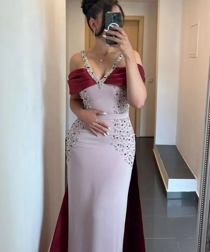 Elegant V Neck Satin Beaded Long Prom Dress Formal Evening Dress SH936