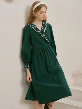 Emeraldine Green Floral Embroidery Ruffle Trim Knot Side Wrap Dress