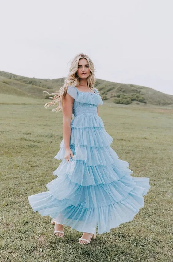 Fairy Sky Blue Sequare Neck Tiered Tulle Evening Dress Long Prom Dress SH1053