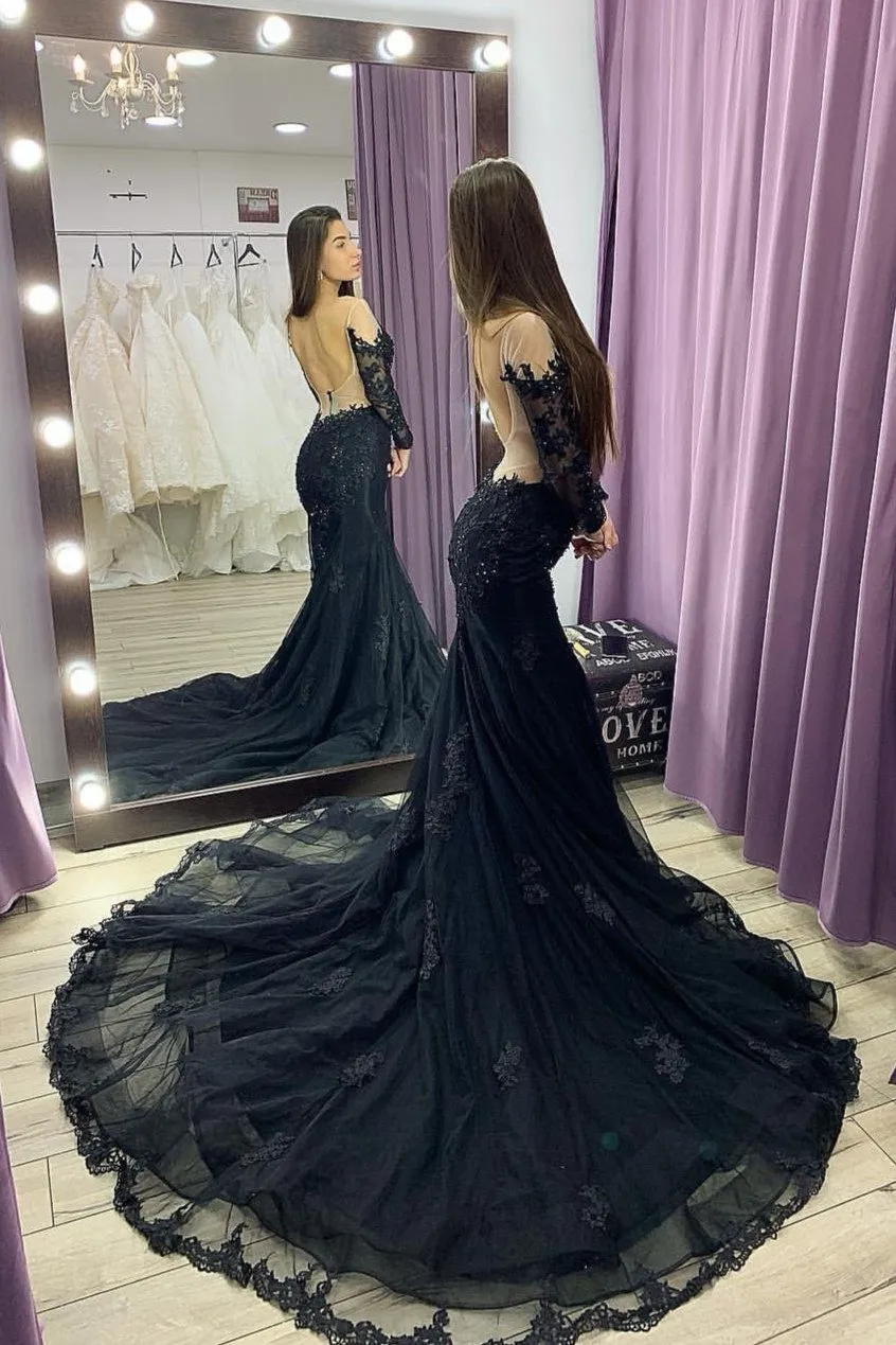 Full Sleeves Lace Dark Navy Evening Gown with Long Train