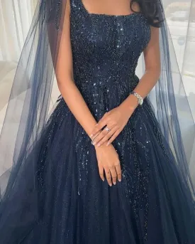 Glitter Navy Blue Square Neck Tulle Long Prom Dress Ball Gown Quinceanera Dress SH916