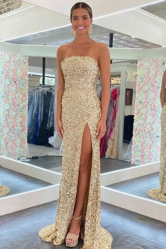 Gold Sequin Strapless Backless Mermaid Prom Dress SH452