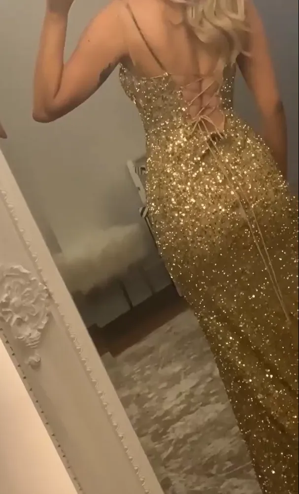 Gold Sequin V Neck Slit Prom Dress Evening Dress SH1122