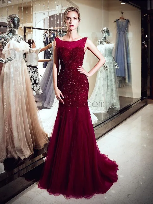 Gorgeous Burgundy Tulle Mermaid Beaded Long Evening Prom Dresses XDM1151