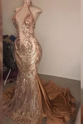 GORGEOUS HIGH NECK GOLDEN MERMAID LONG PROM DRESS SA126