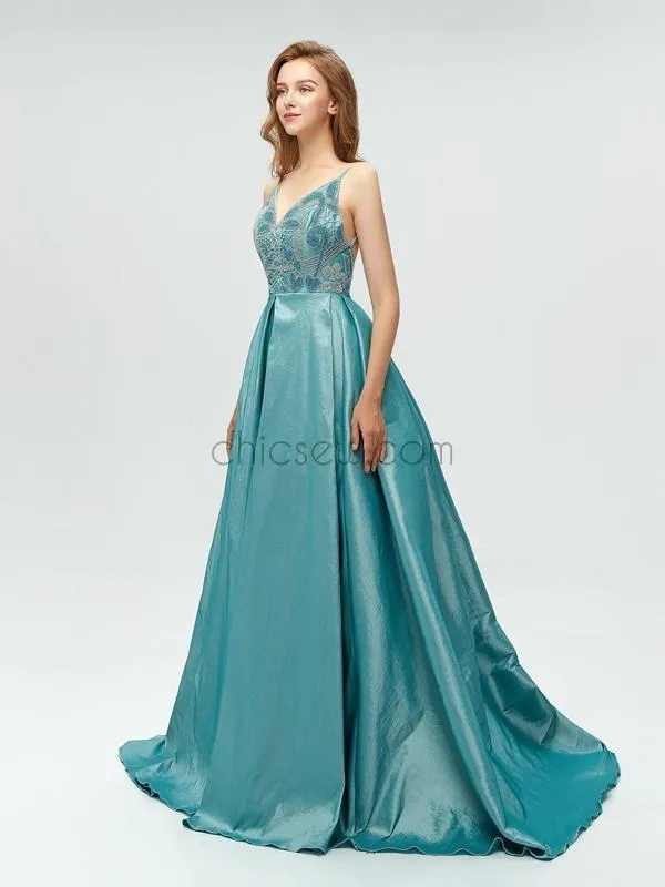 Gorgeous Taffeta A-line Beaded Backless Prom Dress, YKX003