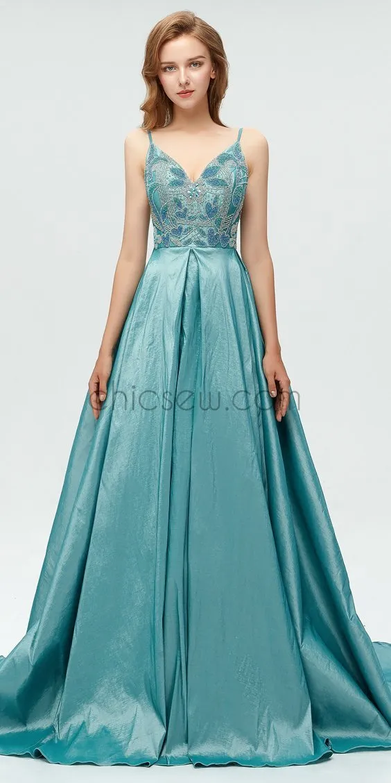 Gorgeous Taffeta A-line Beaded Backless Prom Dress, YKX003