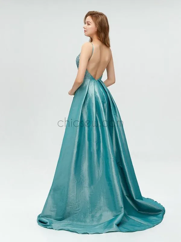 Gorgeous Taffeta A-line Beaded Backless Prom Dress, YKX003