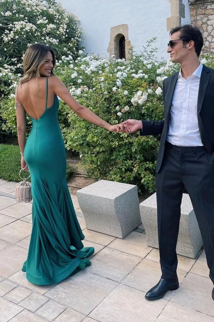 Green Mermaid Satin Long Prom Dress Backless Party Dress SH1113