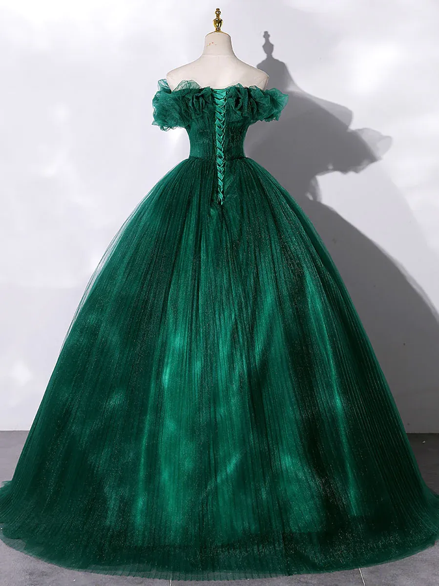 Green Tulle Off The Shoulder Folds Long A-Line Prom Dress SH843