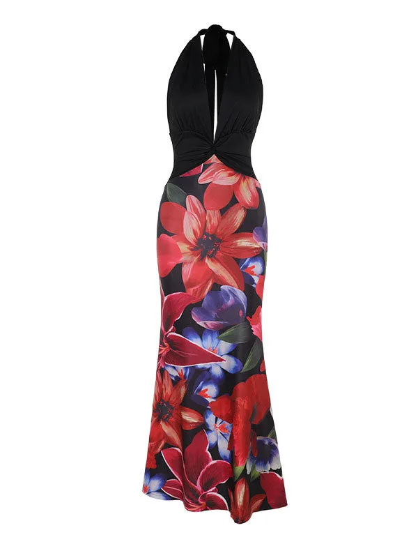 Halter Deep V Neck Printed Maxi Dress