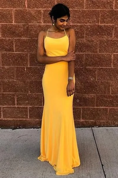 Halter Neckline Yellow Prom Dress with Lace-up Backless