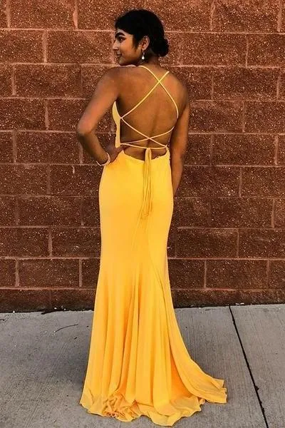 Halter Neckline Yellow Prom Dress with Lace-up Backless