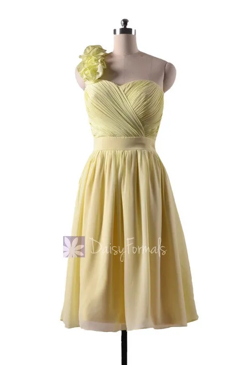 In stock,Ready to Ship - Short Yellow Chiffon Bridesmaid Dress W/Handmade Flowers(BM223) - (#25 Light Yellow)