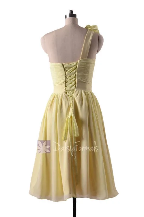 In stock,Ready to Ship - Short Yellow Chiffon Bridesmaid Dress W/Handmade Flowers(BM223) - (#25 Light Yellow)