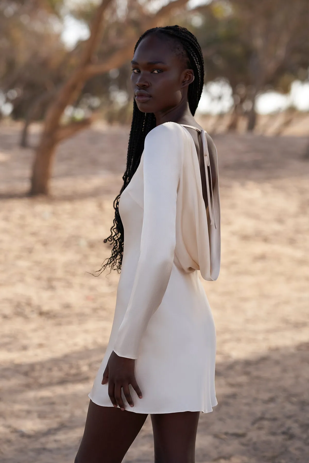 LA LUNE LONG SLEEVE BACKLESS MINI DRESS - CREAM