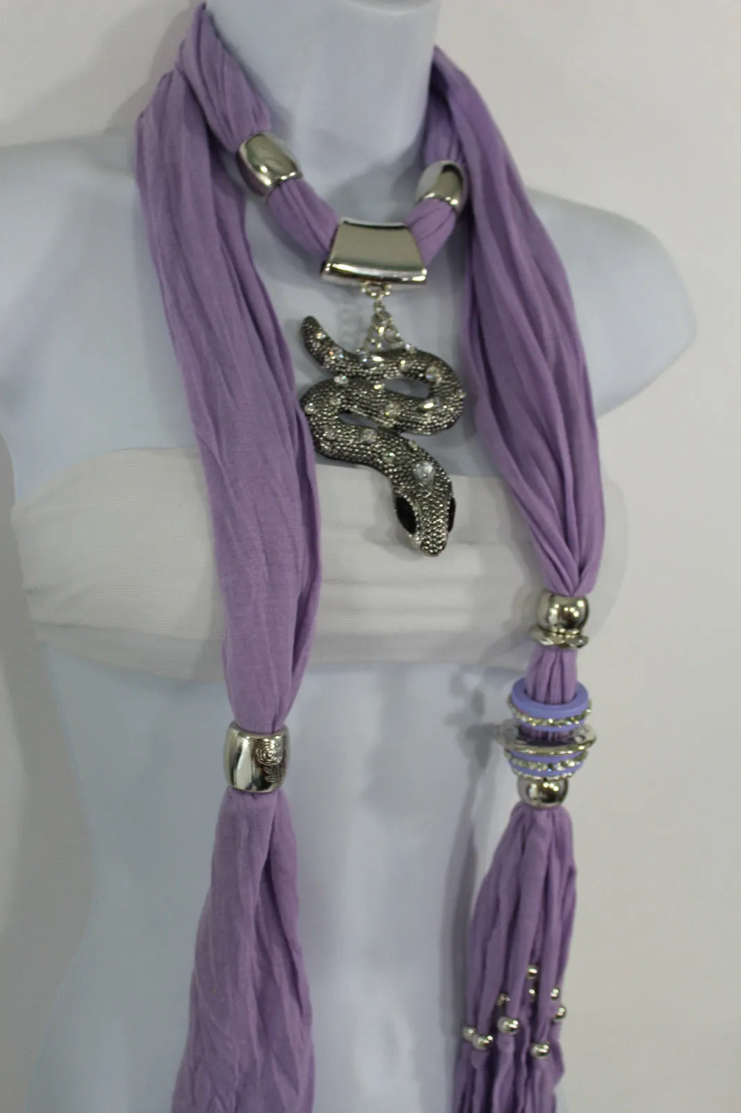 Lavender Scarf Fabric Silver Metal Snake Pendant Necklace Lilac Accessories