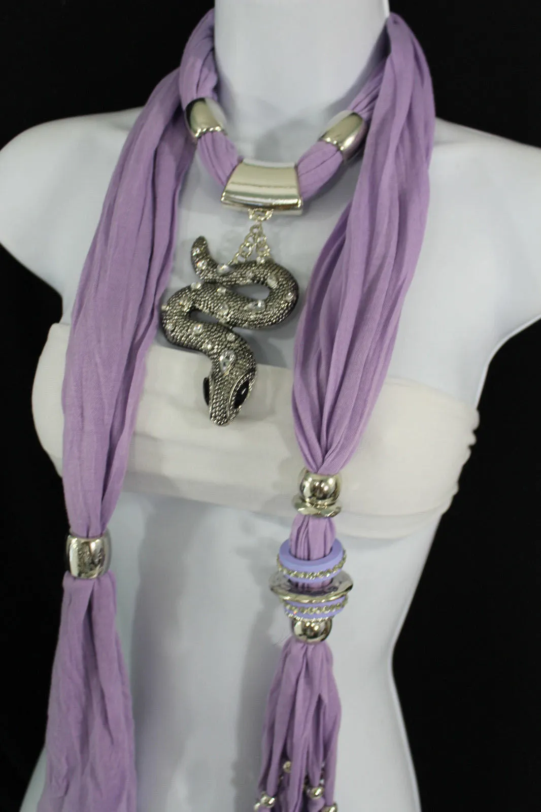 Lavender Scarf Fabric Silver Metal Snake Pendant Necklace Lilac Accessories