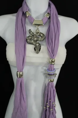 Lavender Scarf Fabric Silver Metal Snake Pendant Necklace Lilac Accessories