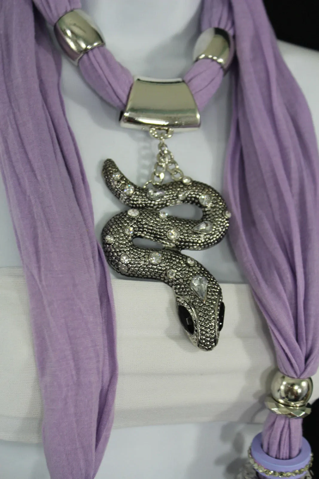 Lavender Scarf Fabric Silver Metal Snake Pendant Necklace Lilac Accessories