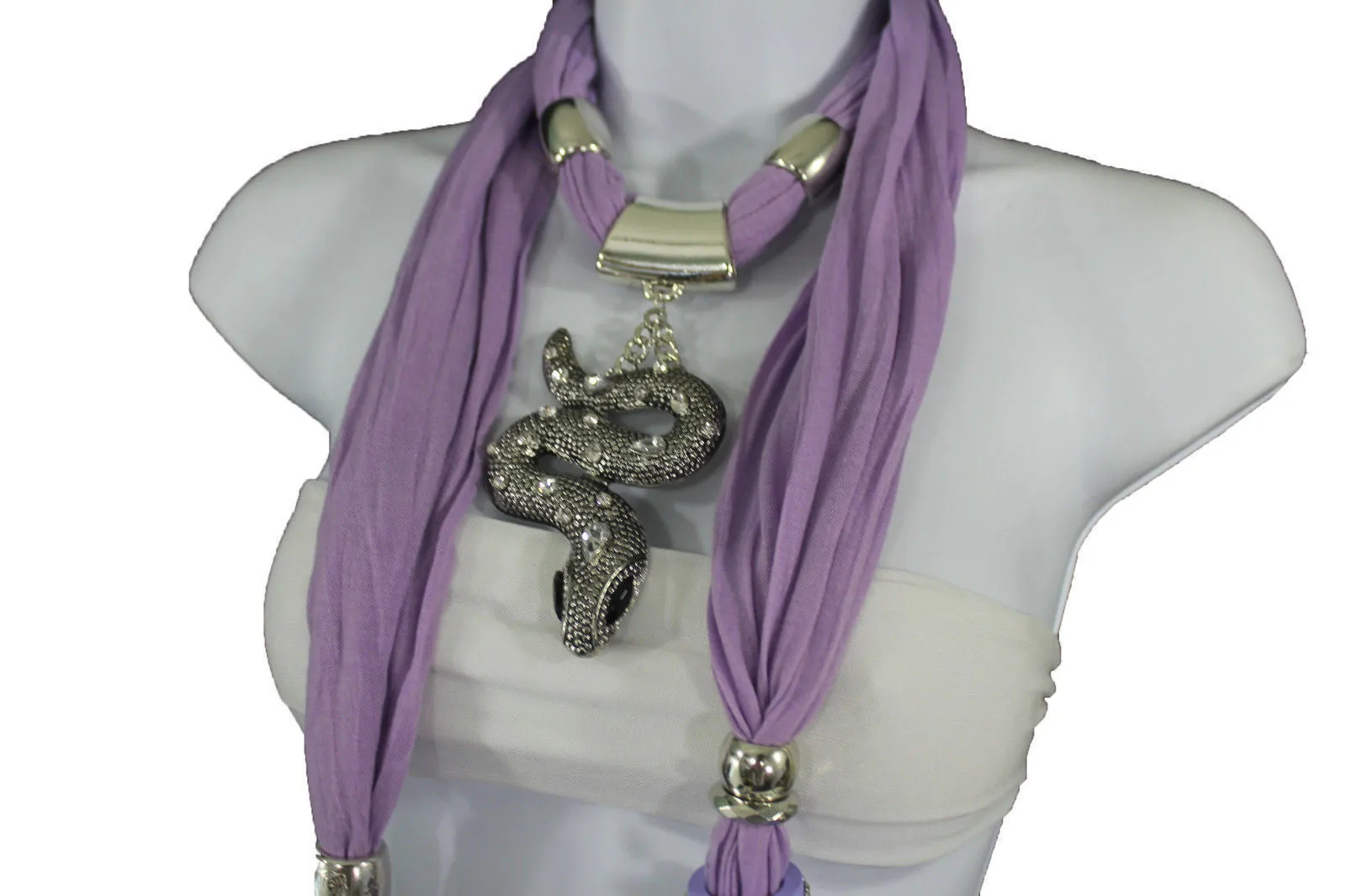 Lavender Scarf Fabric Silver Metal Snake Pendant Necklace Lilac Accessories