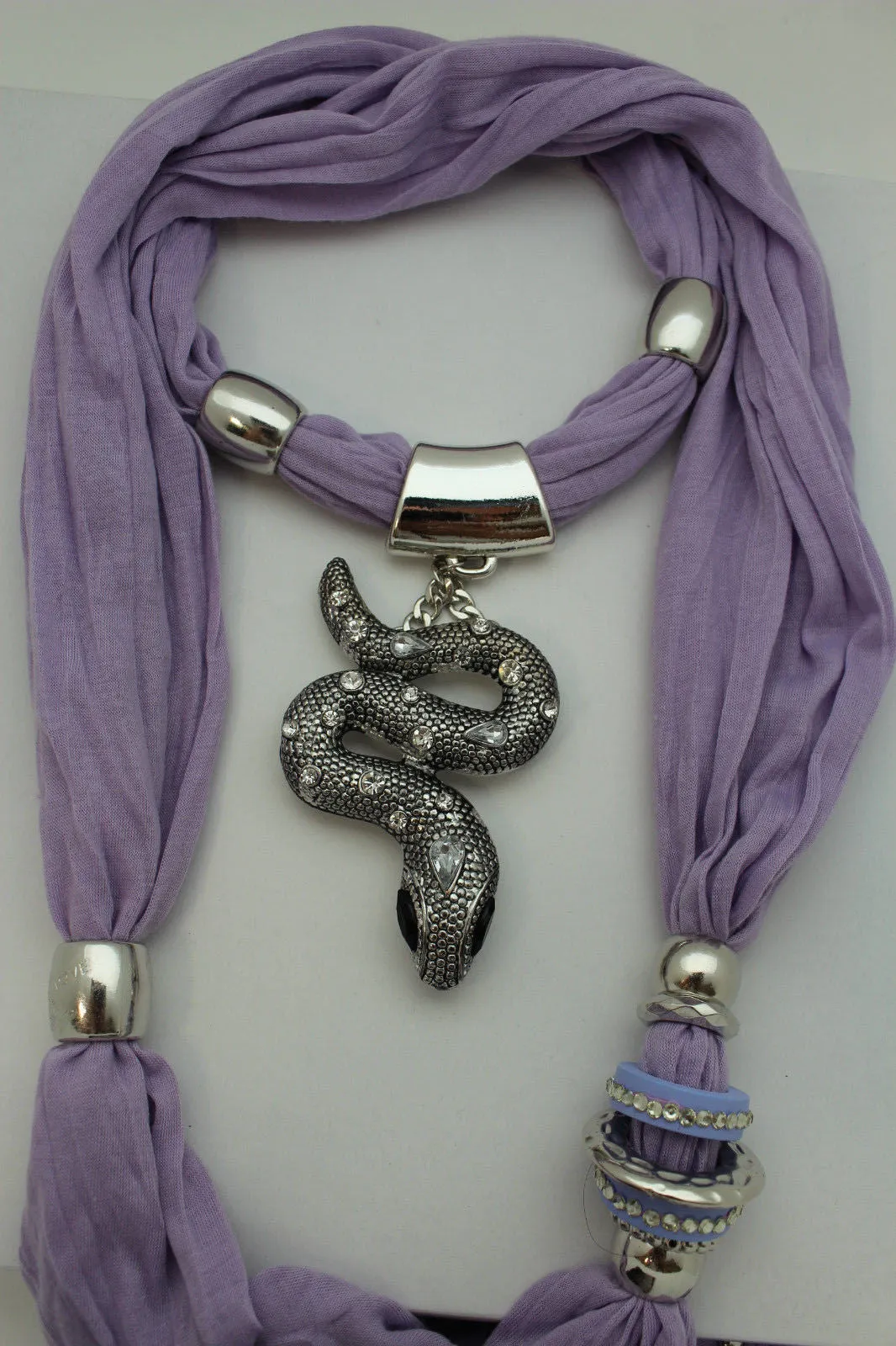 Lavender Scarf Fabric Silver Metal Snake Pendant Necklace Lilac Accessories