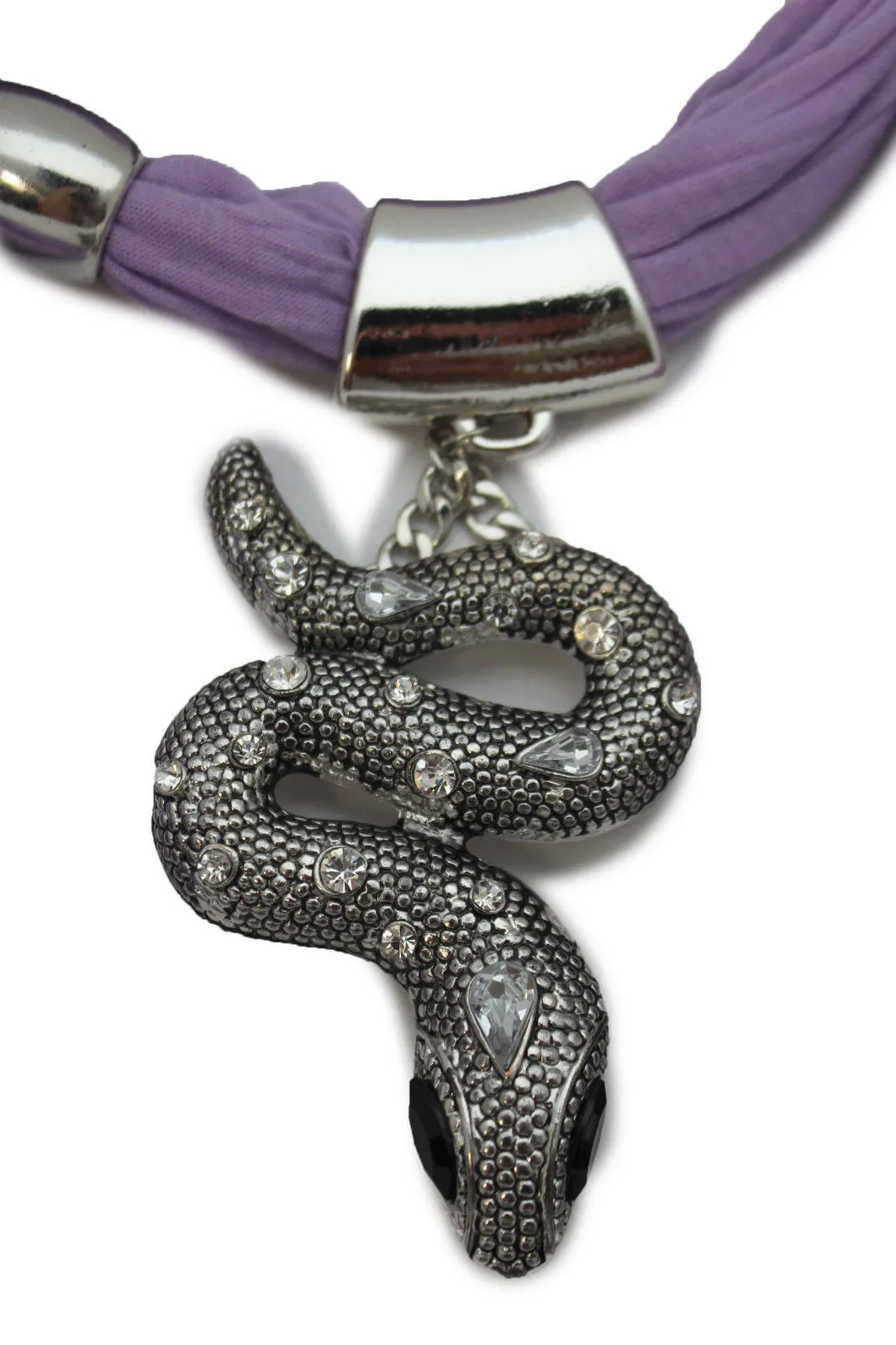 Lavender Scarf Fabric Silver Metal Snake Pendant Necklace Lilac Accessories