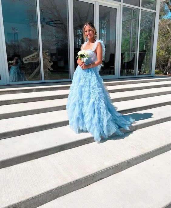 Light Sky Blue Princess Tulle Ruffle Straps Tiered Long Prom Dress SH740