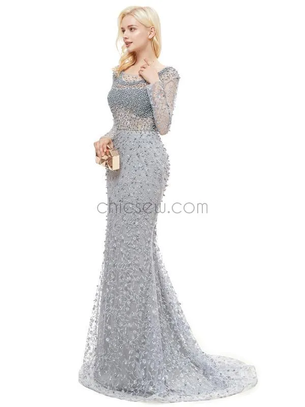 Long Sleeve Mermaid Lace Backless Beaded Floor-Length Prom Dress, YKX058