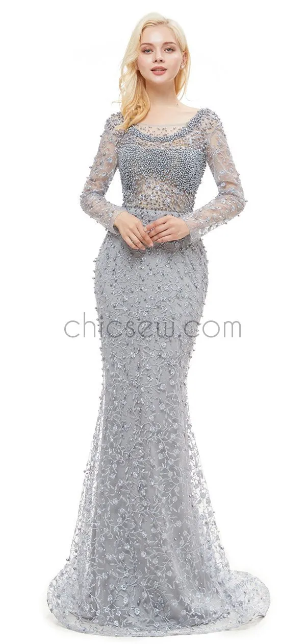 Long Sleeve Mermaid Lace Backless Beaded Floor-Length Prom Dress, YKX058