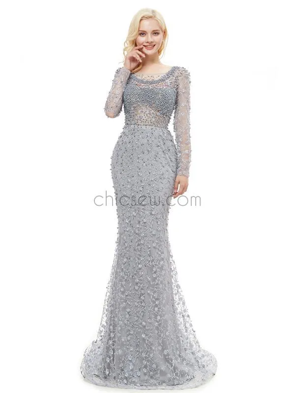 Long Sleeve Mermaid Lace Backless Beaded Floor-Length Prom Dress, YKX058