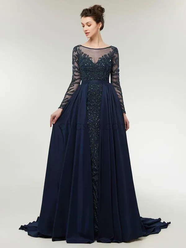 Luxury A-line Navy Blue Beaded Long Sleeves Satin Prom Dress, YKX039