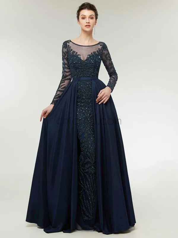 Luxury A-line Navy Blue Beaded Long Sleeves Satin Prom Dress, YKX039