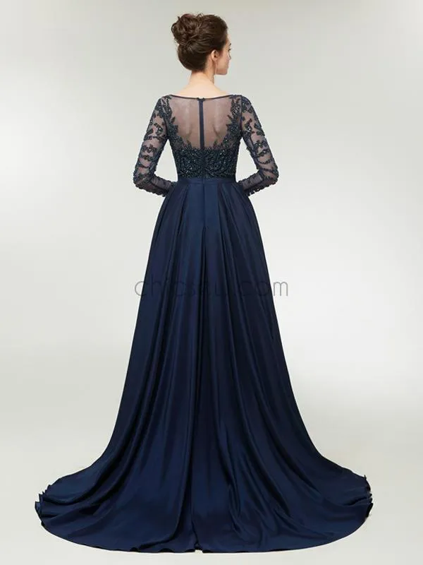 Luxury A-line Navy Blue Beaded Long Sleeves Satin Prom Dress, YKX039