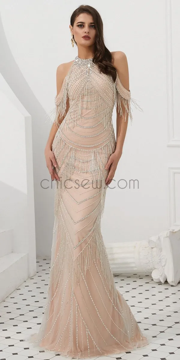 Luxury Beaded Mermaid Off Shoulder Tulle Prom Dress, YKX035