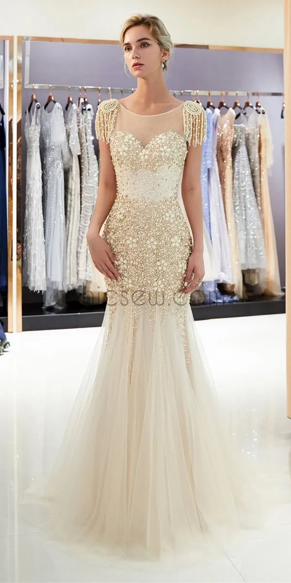 Mermaid Heavy Beaded Tulle Long Prom Dresses SDP1154