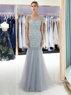 Mermaid Heavy Beaded Tulle Long Prom Dresses SDP1154