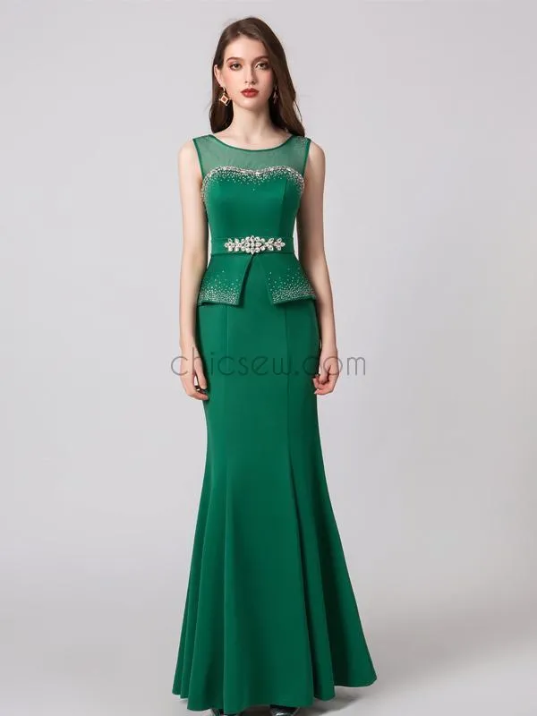 Mermaid Jersey Sleeveless Round Neck Backless Prom Dress, YKX076