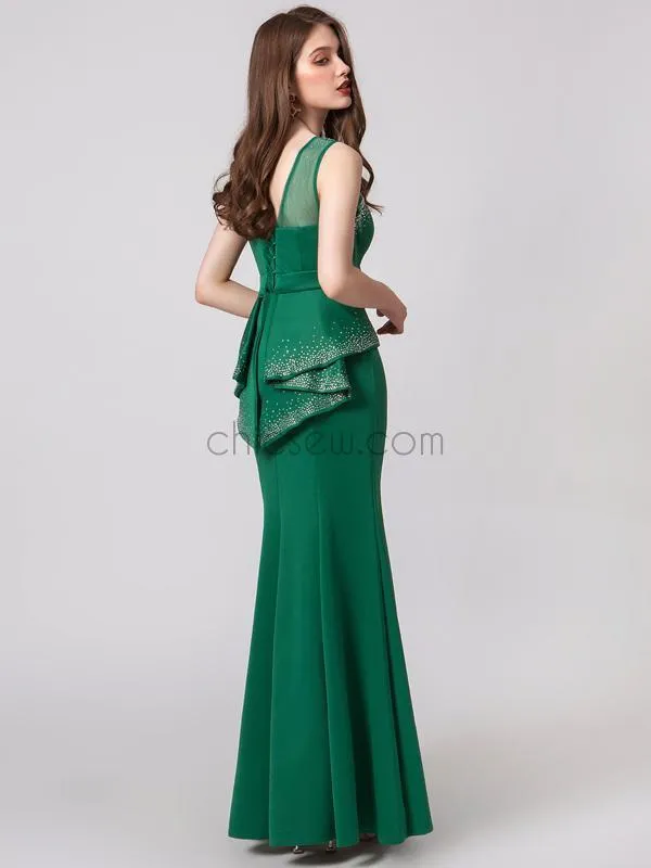 Mermaid Jersey Sleeveless Round Neck Backless Prom Dress, YKX076