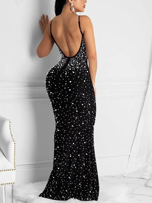 Momnfancy Black Rhinestone Pearls Spaghetti Strap Mermaid Wedding Guest Prom Bodycon Pregnancy Maternity Maxi Dress