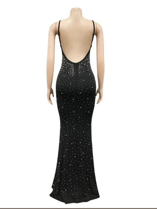 Momnfancy Black Rhinestone Pearls Spaghetti Strap Mermaid Wedding Guest Prom Bodycon Pregnancy Maternity Maxi Dress