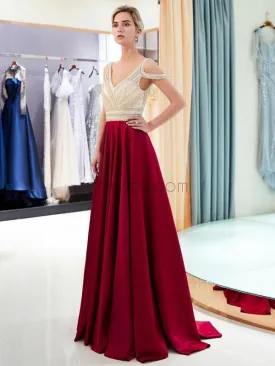 Off Shoulder A-line Satin V-neck Backless Beaded Prom Dress, YKX050